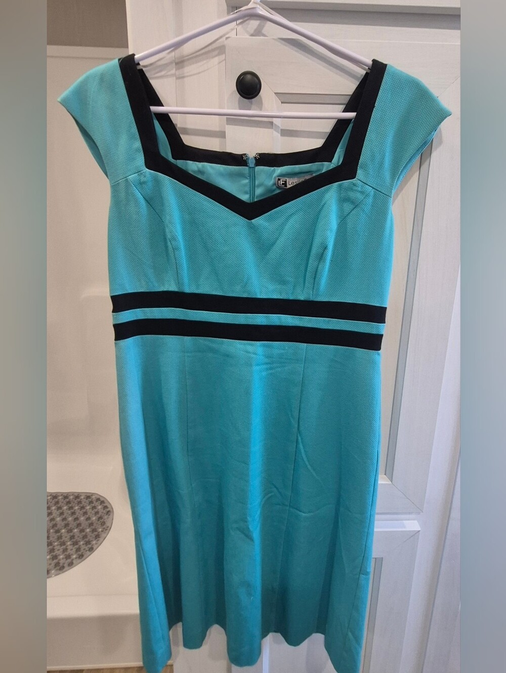 Leslie Fay Teal Midi Dress with Black Trim